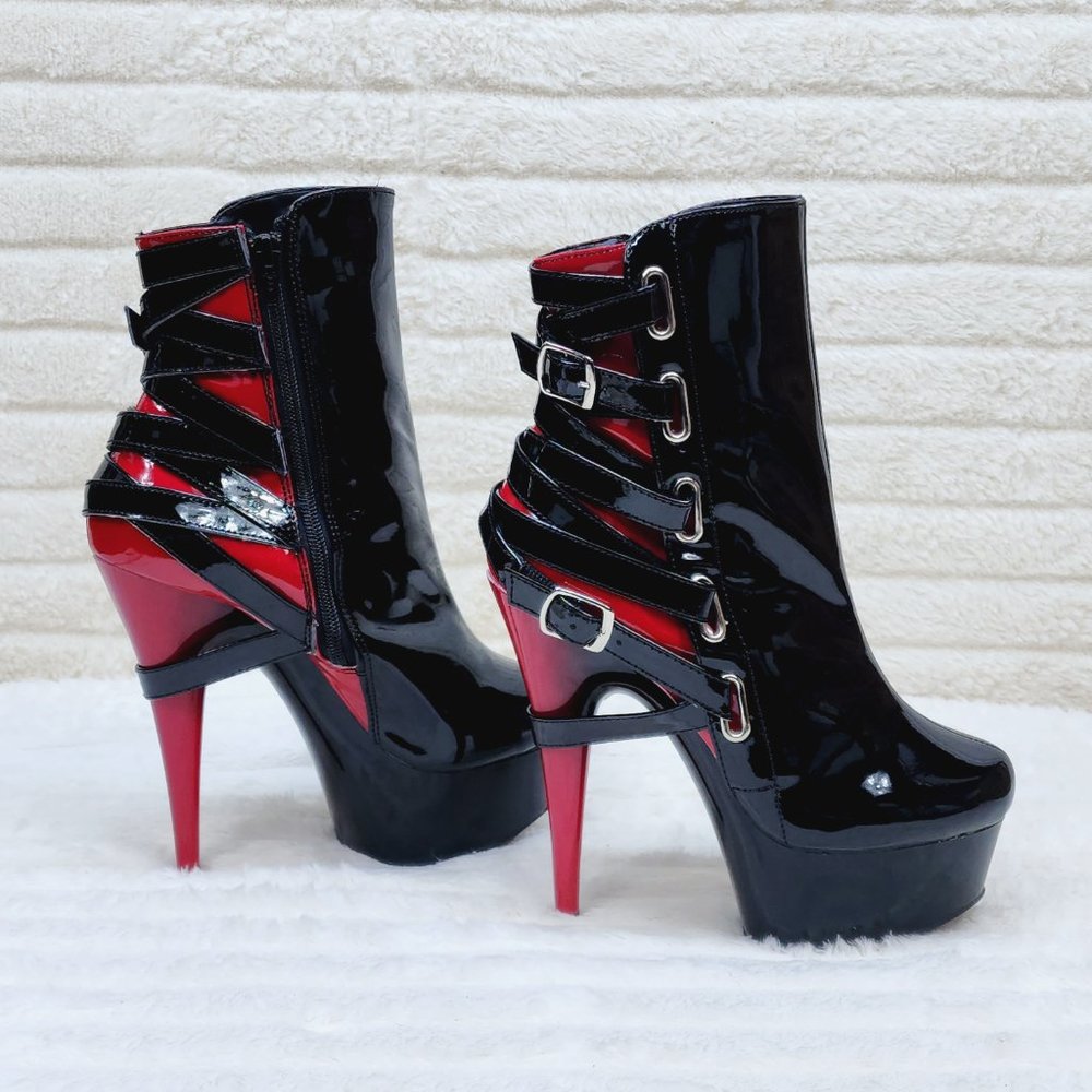 Delight 2 Tone Strappy Black Red Patent 6" Stiletto High Heel Ankle Boots